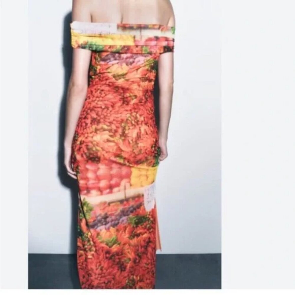 NWOT Zara Off-the-Shoulder Tulle Chili Print Maxi Dress - Picture 3 of 6